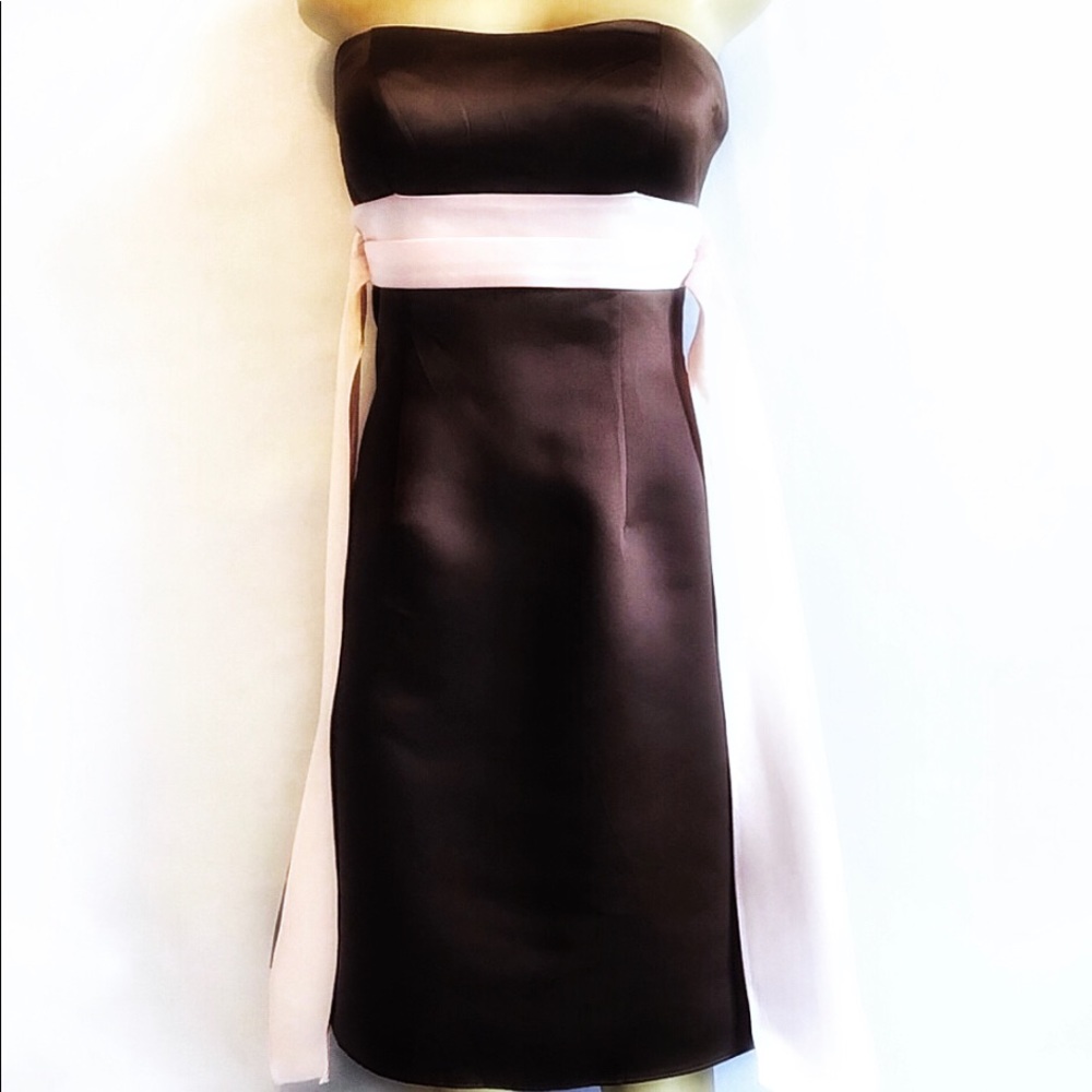 Bill Levkoff Dress Brown Pink Sash Strapless Sz 6